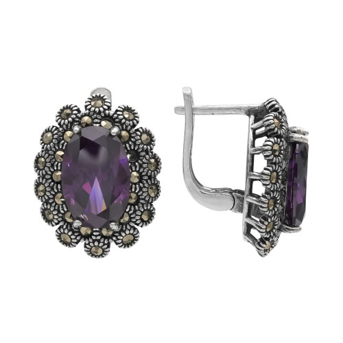 Серьги серебряные с выращенными аметистами и марказитами