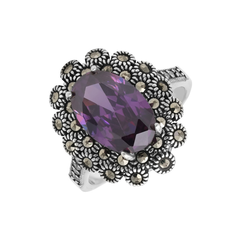 Кольцо серебряное с выращенным аметистом и марказитами