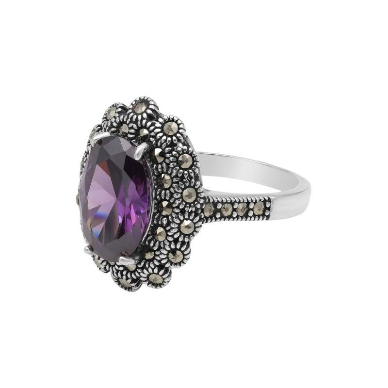 Кольцо серебряное с выращенным аметистом и марказитами