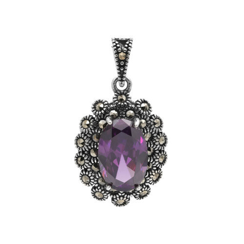 Подвеска серебряная с выращенным аметистом и марказитами