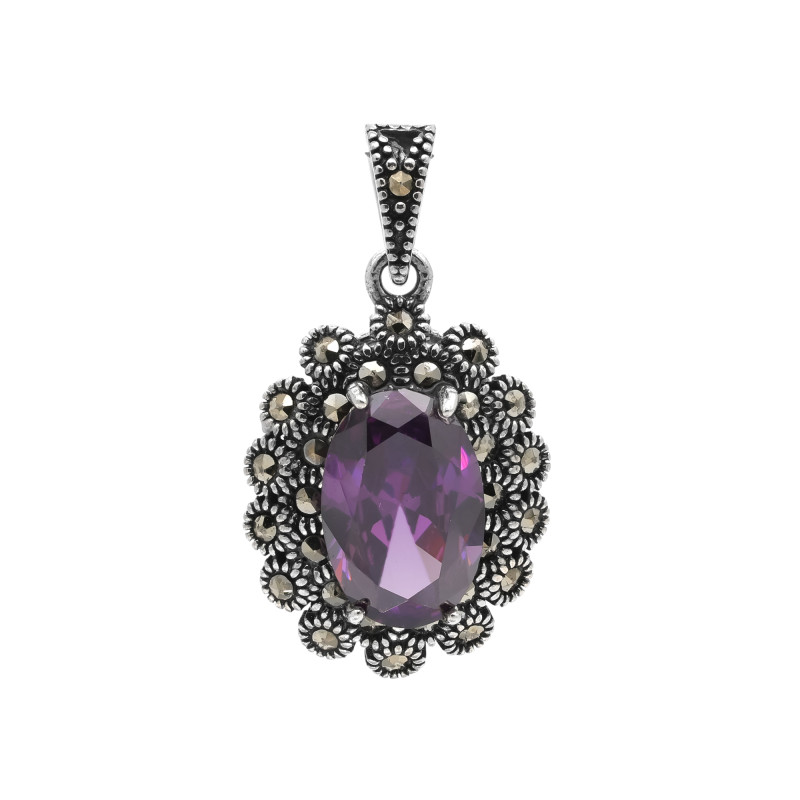 Подвеска серебряная с выращенным аметистом и марказитами