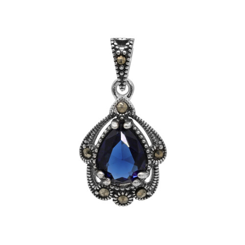 Подвеска серебряная с выращенным сапфиром и марказитами