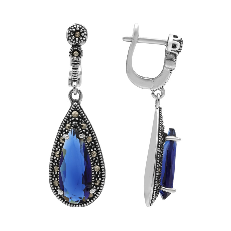 Серьги серебряные с выращенными сапфирами и марказитами