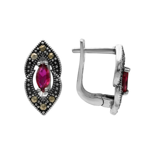 Серьги серебряные с выращенными рубинами и марказитами