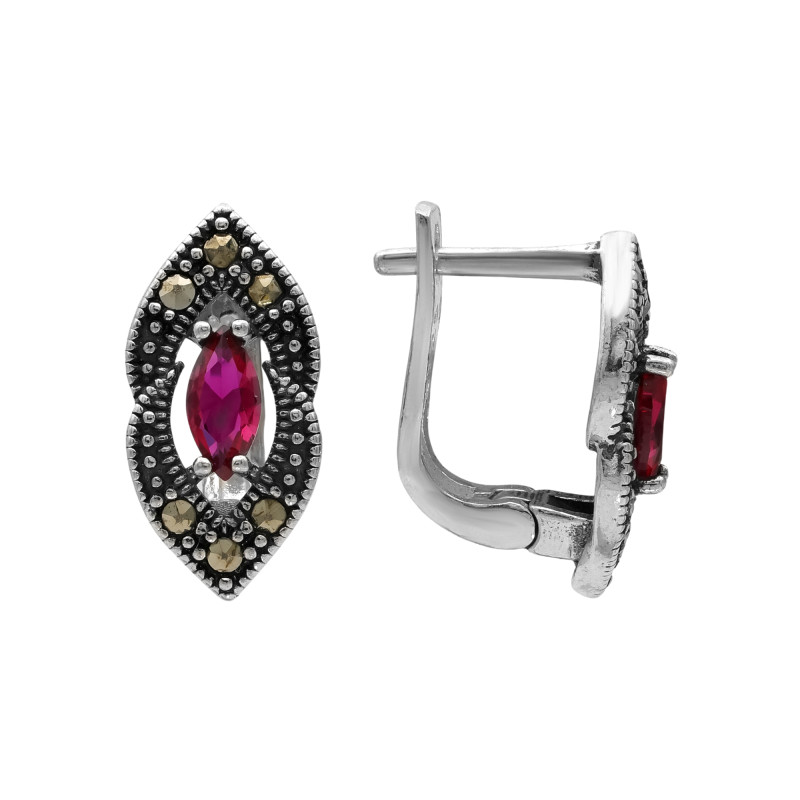 Серьги серебряные с выращенными рубинами и марказитами