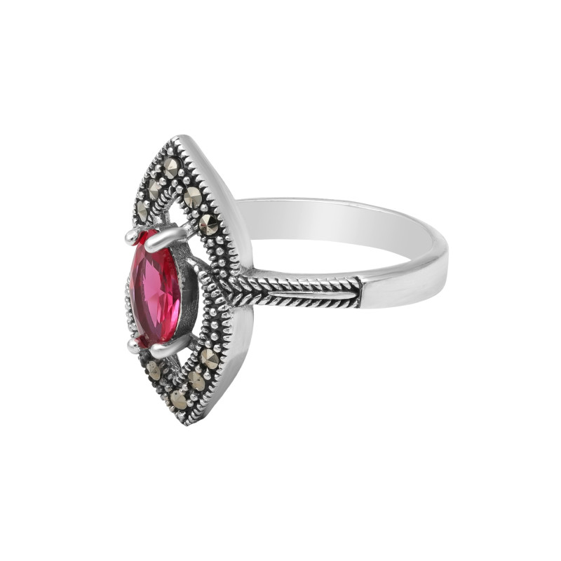Кольцо серебряное с выращенным рубином и марказитами