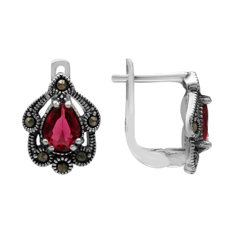 Серьги серебряные с выращенными рубинами и марказитами