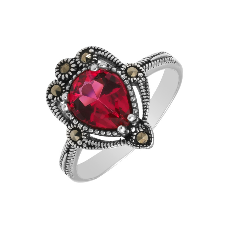 Кольцо серебряное с выращенным рубином и марказитами