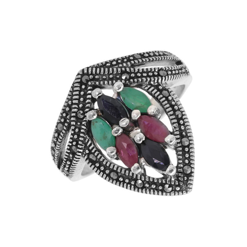 Кольцо с изумрудами, сапфирами, рубинами и марказитом