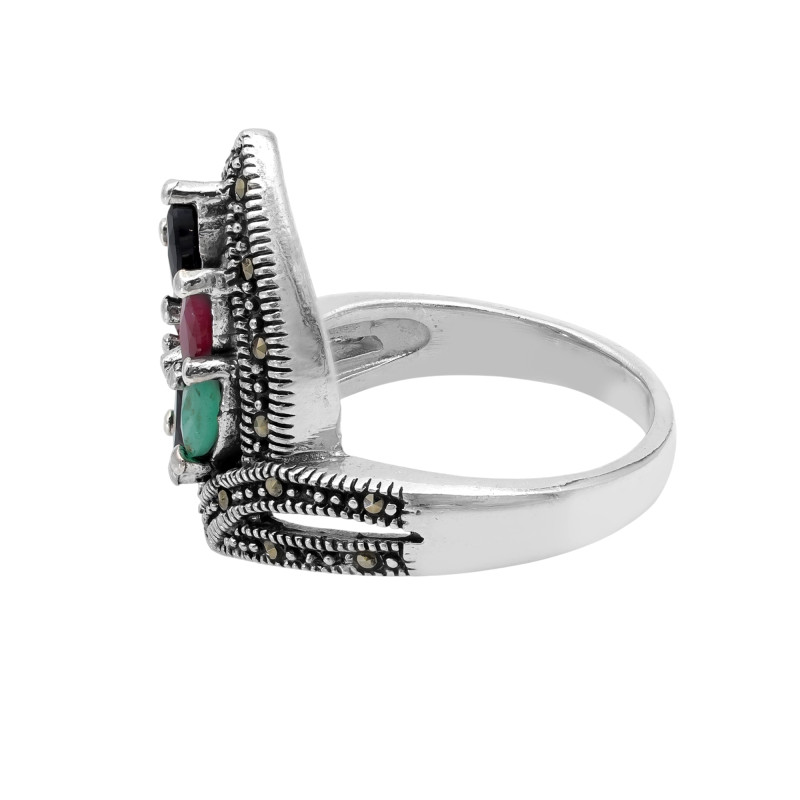 Кольцо с изумрудами, сапфирами, рубинами и марказитом