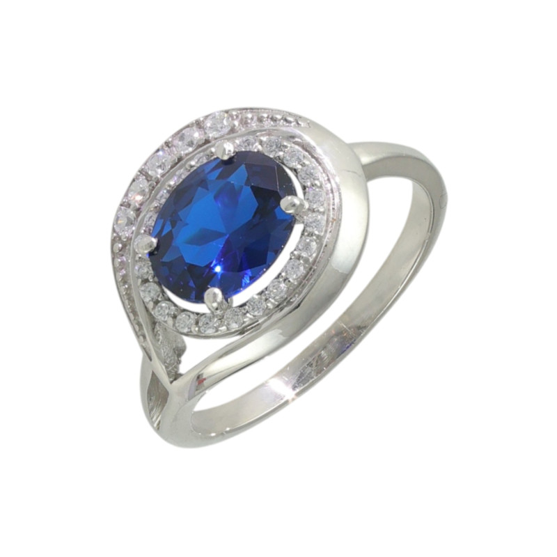 Кольцо с сапфиром синтетическим и фианитами