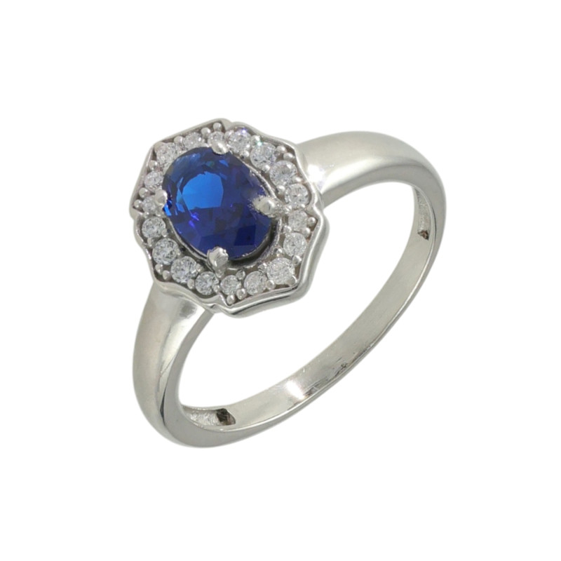 Кольцо с сапфиром синтетическим и фианитами