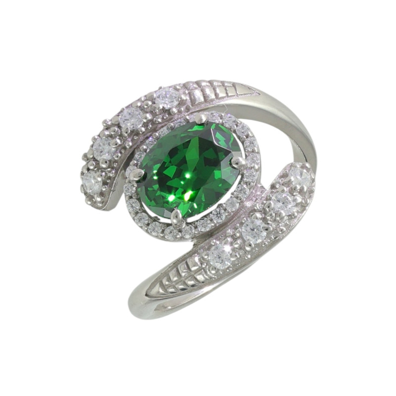 Кольцо с изумрудом синтетическим и фианитами