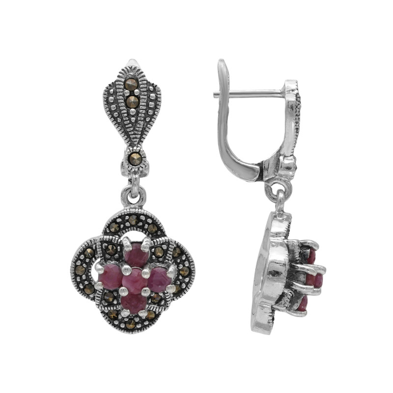 Серебряные серьги с натуральными рубинами и марказитом