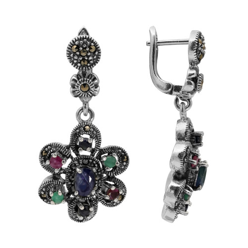 Серьги с натуральными сапфирами, рубинами, изумрудами и марказитом