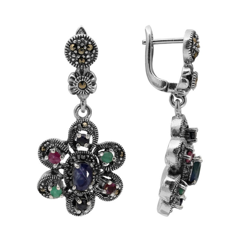 Серьги с натуральными сапфирами, рубинами, изумрудами и марказитом