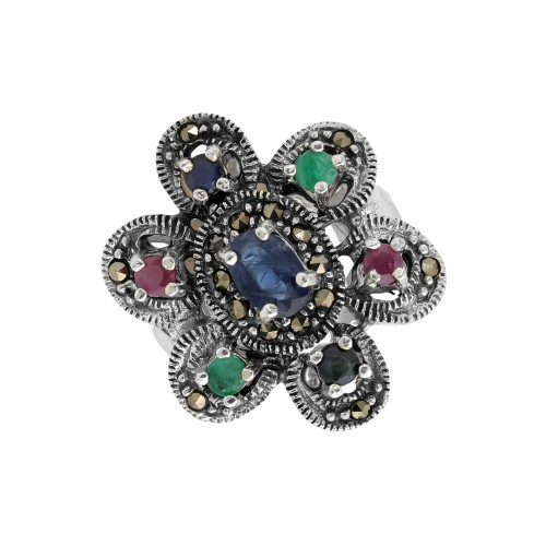 Кольцо с натуральными сапфирами, рубинами, изумрудами и марказитом