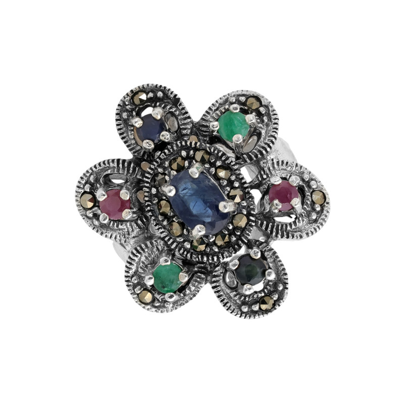 Кольцо с натуральными сапфирами, рубинами, изумрудами и марказитом