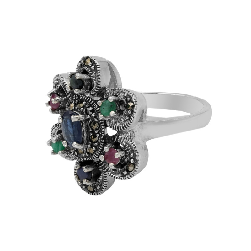Кольцо с натуральными сапфирами, рубинами, изумрудами и марказитом