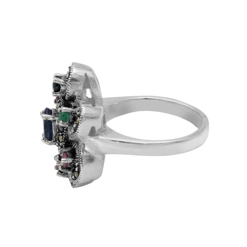 Кольцо с натуральными сапфирами, рубинами, изумрудами и марказитом