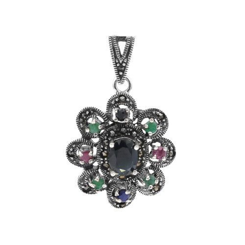Подвеска с натуральными сапфирами, рубинами, изумрудами и марказитом