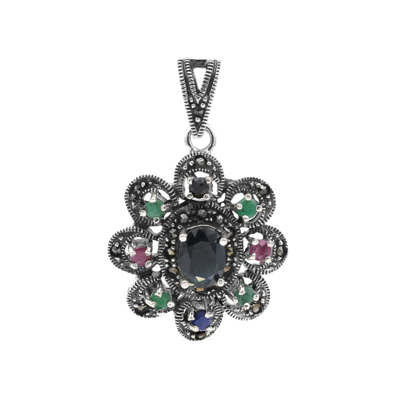 Подвеска с натуральными сапфирами, рубинами, изумрудами и марказитом
