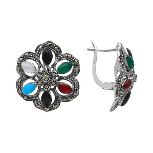 Серьги с обсидианом, сердоликом, бирюзой и хризопразом