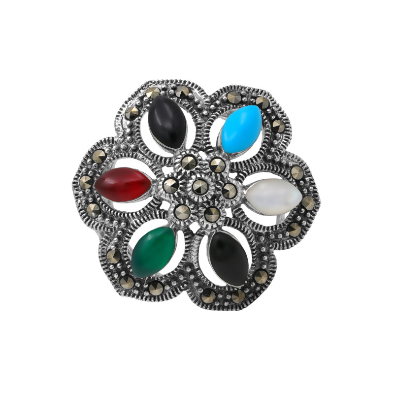 Кольцо с обсидианом, сердоликом, бирюзой и хризопразом