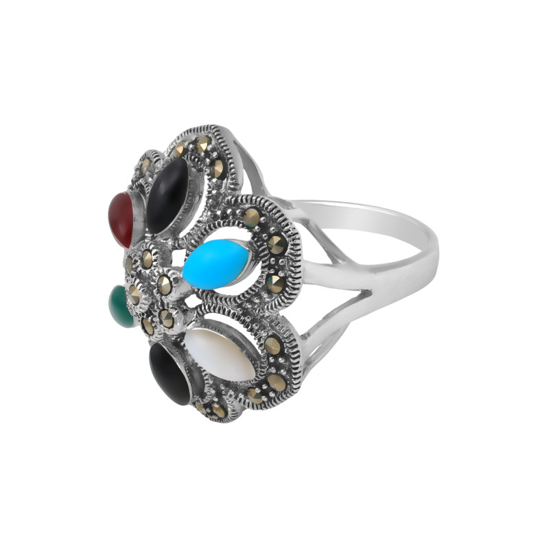 Кольцо с обсидианом, сердоликом, бирюзой и хризопразом
