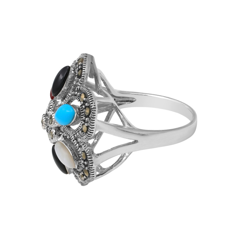 Кольцо с обсидианом, сердоликом, бирюзой и хризопразом