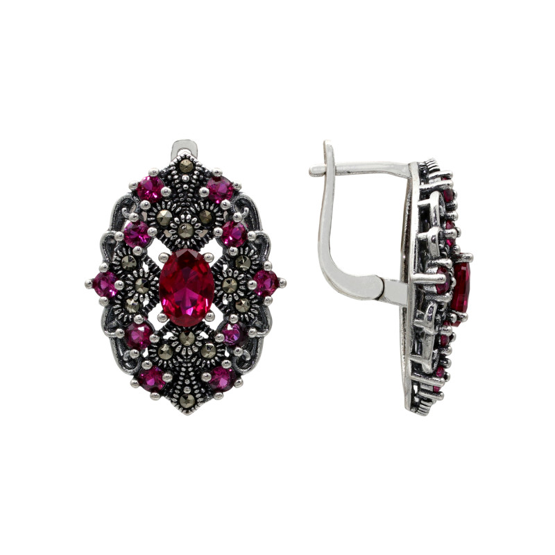 Серьги серебряные с выращенным рубином и марказитами