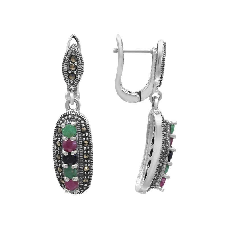 Серьги с натуральными рубинами, сапфирами, изумрудами и марказитом