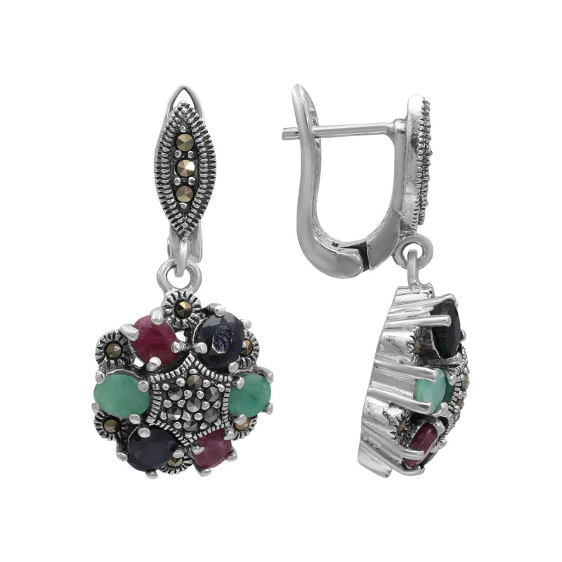 Серьги с натуральными сапфирами, рубинами, изумрудами и марказитом