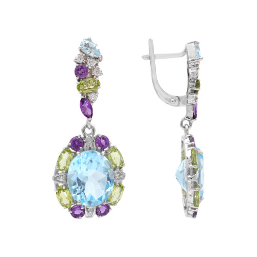 Серьги с топазами, аметистами, хризопразами и фианитами
