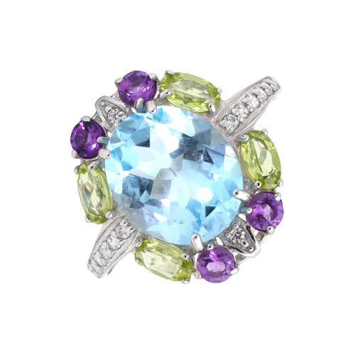 Кольцо с топазом, аметистами, хризопразами и фианитами