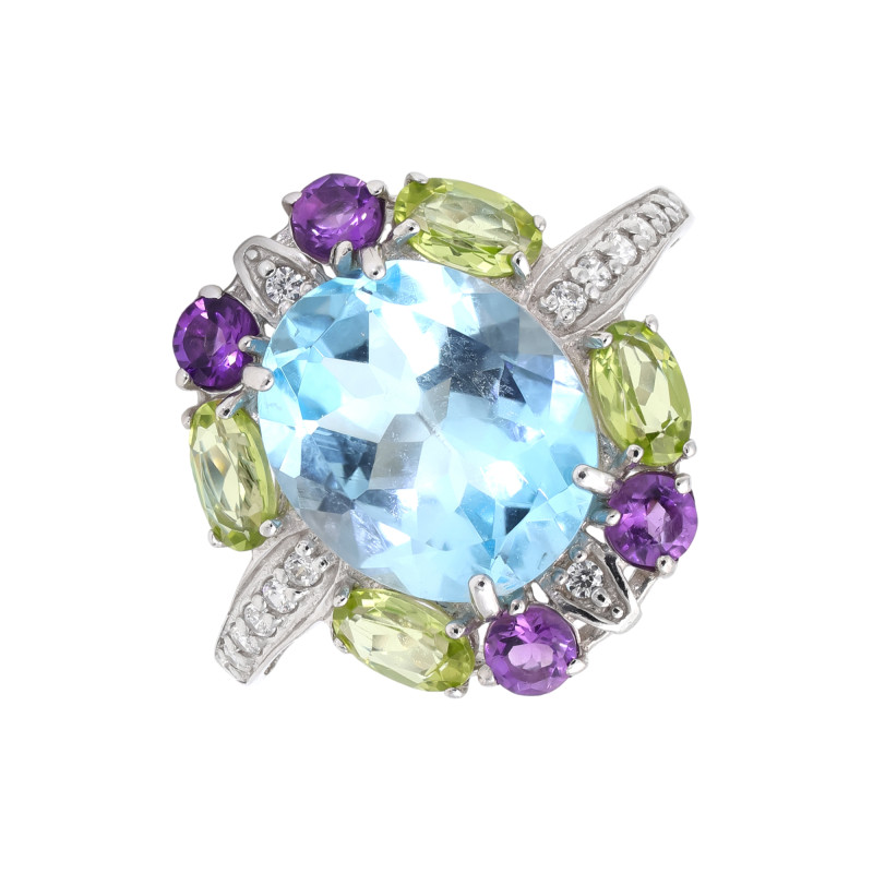 Кольцо с топазом, аметистами, хризопразами и фианитами