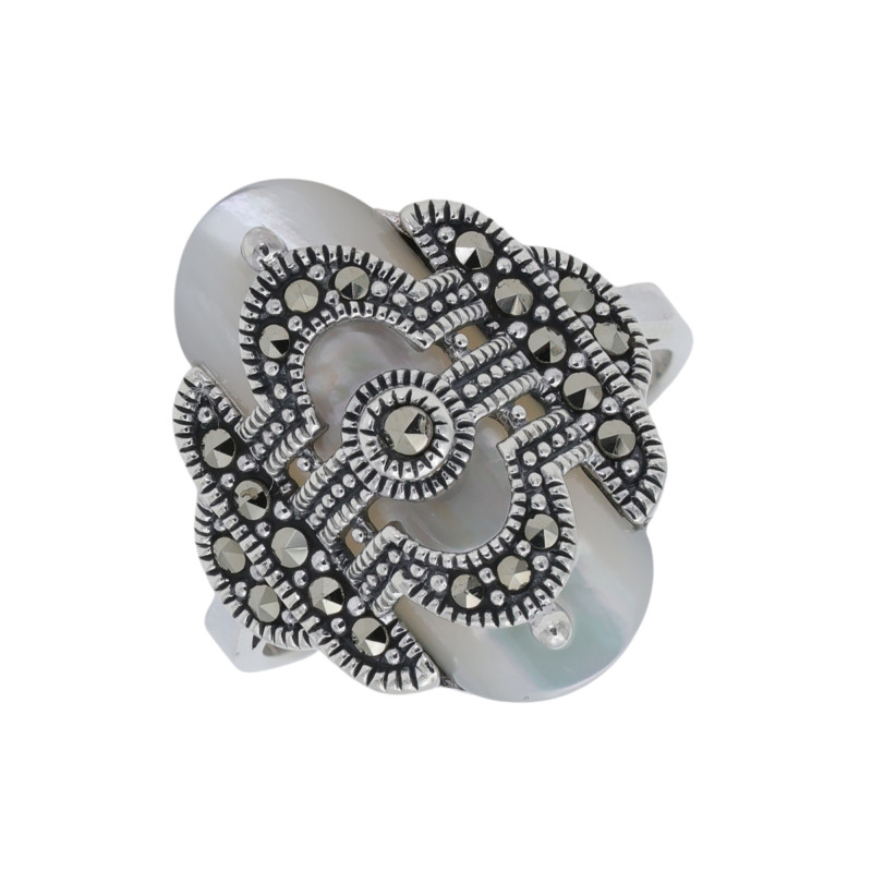 Серебряное кольцо с марказитом и перламутром