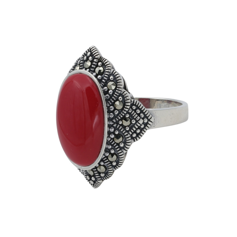 Кольцо из серебра с кораллом и марказитом