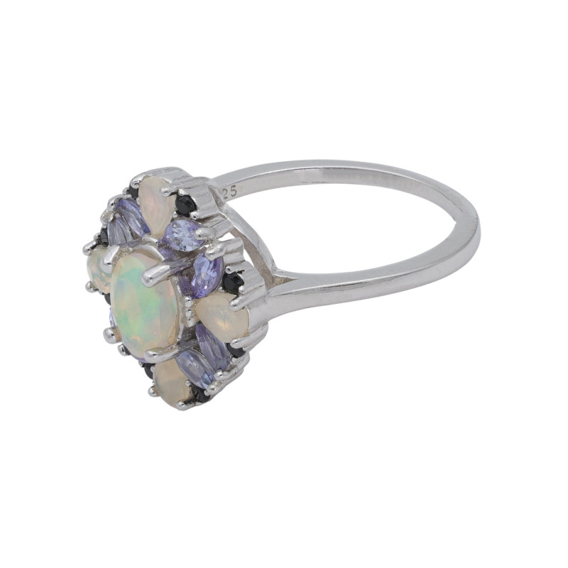 Серебряное кольцо с опалом и танзанитами
