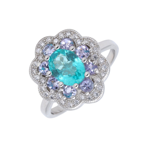 Кольцо серебряное с апатитом и танзанитами