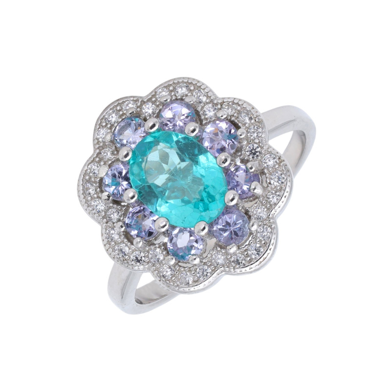 Кольцо серебряное с апатитом и танзанитами