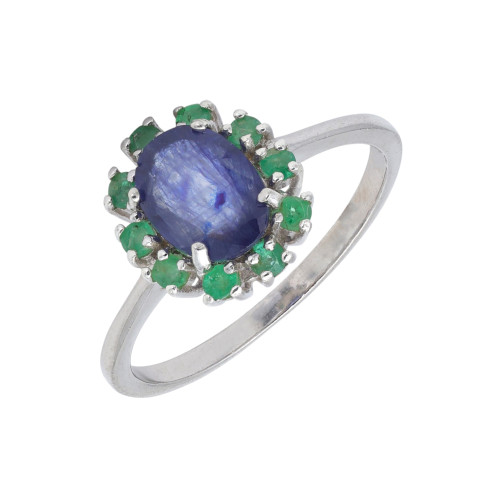 Серебряное кольцо с сапфиром и изумрудами