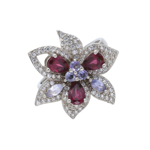 Кольцо серебряное с родолитом и танзанитами