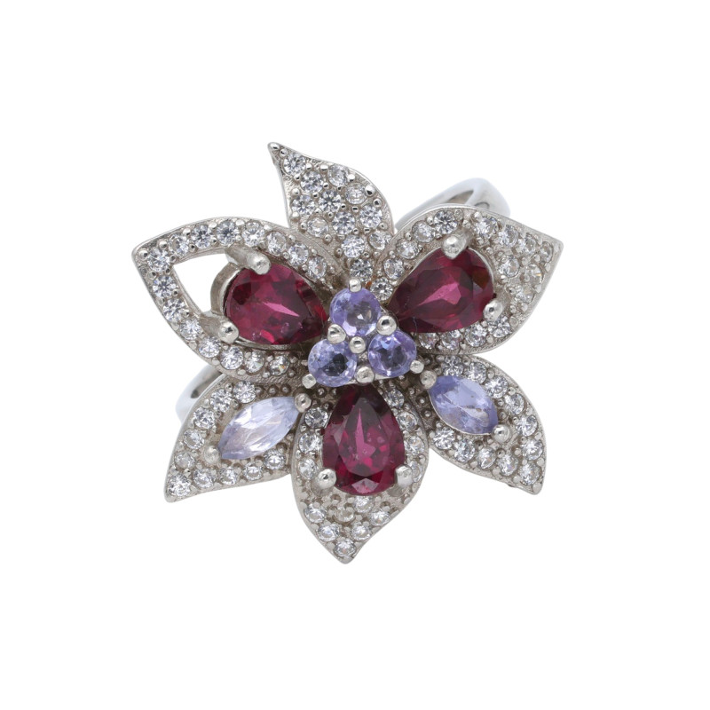 Кольцо серебряное с родолитом и танзанитами