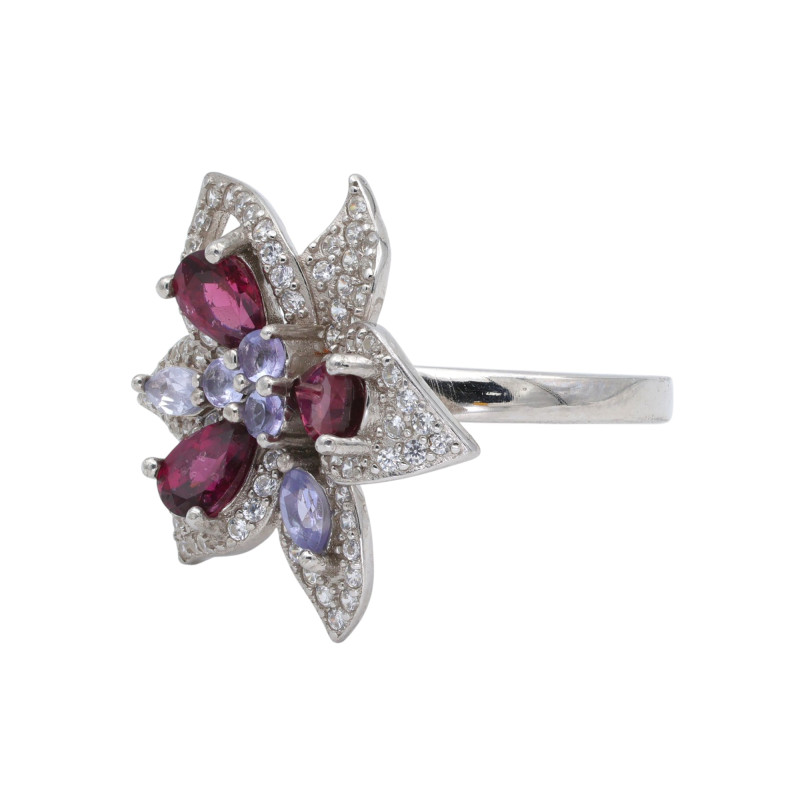 Кольцо серебряное с родолитом и танзанитами