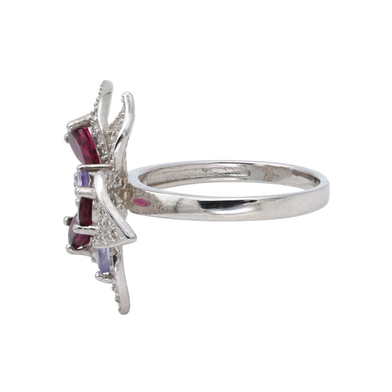 Кольцо серебряное с родолитом и танзанитами