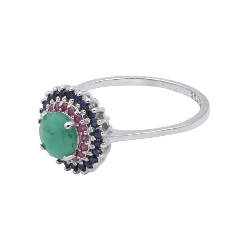 Кольцо из серебра с изумрудом, сапфирами и рубинами