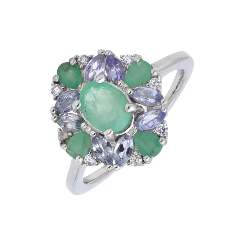 Кольцо серебряное с изумрудом и танзанитом