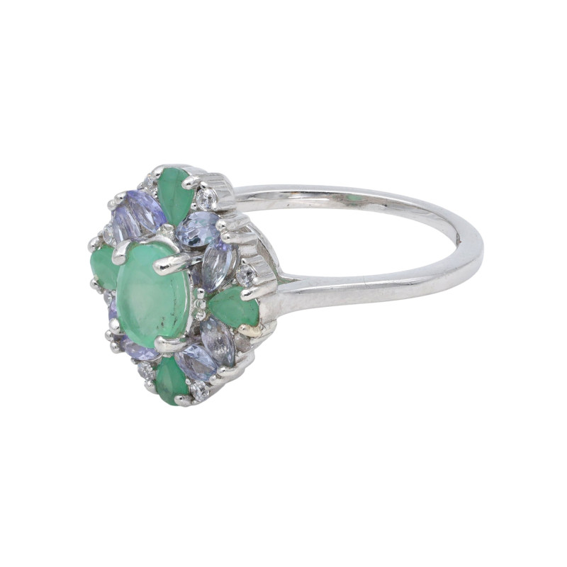 Кольцо серебряное с изумрудом и танзанитом