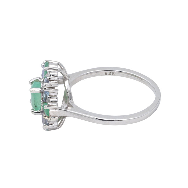 Кольцо серебряное с изумрудом и танзанитом